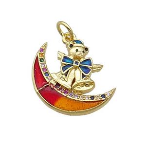 Copper Moon Pendant Pave Zircon Red Enamel Mouse Gold Plated, approx 18mm