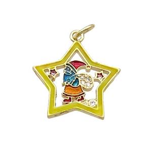 Copper Santa Claus Pendant Pave Zircon Yellow Enamel Star Gold Plated, approx 18mm