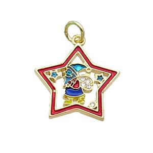 Copper Santa Claus Pendant Pave Zircon Red Enamel Star Gold Plated, approx 18mm