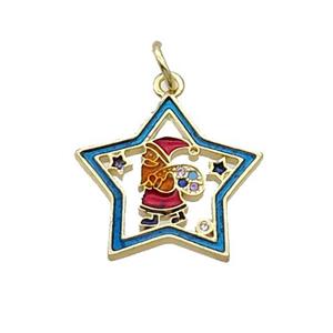 Copper Santa Claus Pendant Pave Zircon Green Enamel Star Gold Plated, approx 18mm