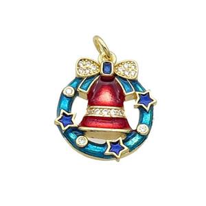 Copper Christmas Bell Pendant Pave Zircon Red Enamel Gold Plated, approx 16.5mm