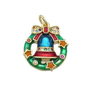 Copper Christmas Bell Pendant Pave Zircon Multicolor Enamel Gold Plated, approx 16.5mm
