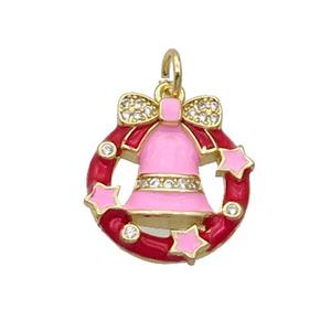 Copper Christmas Bell Pendant Pave Zircon Pink Enamel Gold Plated, approx 16.5mm