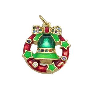 Copper Christmas Bell Pendant Pave Zircon Green Enamel Gold Plated, approx 16.5mm