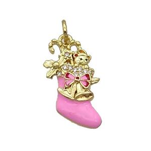 Copper Christmas Stocking Pave Zircon Pink Enamel Gold Plated, approx 11-20mm