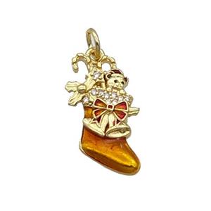 Copper Christmas Stocking Pave Zircon Ornage Enamel Gold Plated, approx 11-20mm