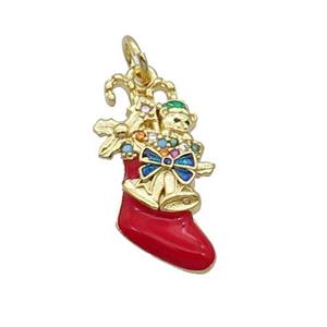 Copper Christmas Stocking Pave Zircon Red Enamel Gold Plated, approx 11-20mm