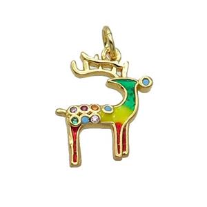 Copper Reindeer Pendant Pave Zircon Multicolor Enamel Gold Plated, approx 14-15mm