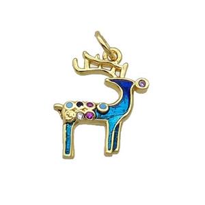 Copper Reindeer Pendant Pave Zircon Blue Enamel Gold Plated, approx 14-15mm
