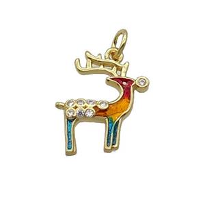 Copper Reindeer Pendant Pave Zircon Multicolor Enamel Gold Plated, approx 14-15mm