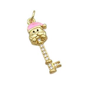 Copper Key Santa Claus Pendant Pave Zircon Pink Enamel Gold Plated, approx 8-21mm