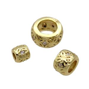 Copper Rondelle Beads Pave Zircon Large Hole Gold Plated, approx 6mm, 3mm hole