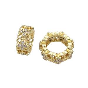 Copper Rondelle Beads Pave Zircon Large Hole Gold Plated, approx 12mm dia