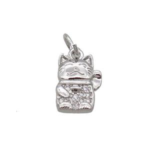 Copper Lucky Cat Pendant Pave Zircon Platinum Plated, approx 8-10.5mm