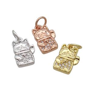 Copper Lucky Cat Pendant Pave Zircon Mixed, approx 8-10.5mm