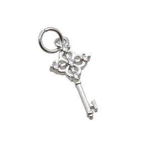 Copper Key Charm Pendant Pave Zircon Platinum Plated, approx 8-15mm