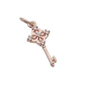 Copper Key Charm Pendant Pave Zircon Rose Gold, approx 8-15mm