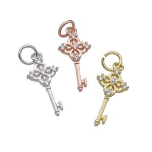 Copper Key Charm Pendant Pave Zircon Mixed, approx 8-15mm