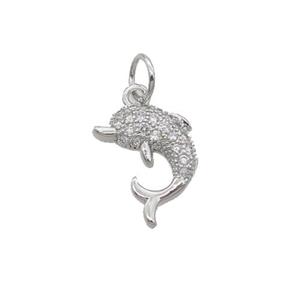 Copper Dolphin Pendant Pave Zircon Platinum Plated, approx 10-12.5mm