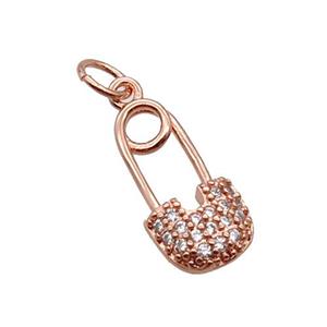 Copper Pendant Pave Zircon Safety Pin Rose Gold, approx 8-16mm