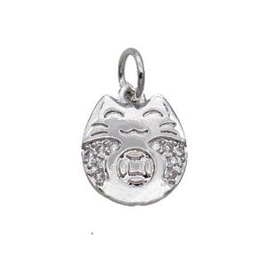 Copper Lucky Cat Pendant Pave Zircon Platinum Plated, approx 9-10mm