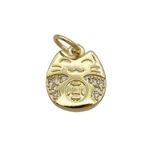 Copper Lucky Cat Pendant Pave Zircon Gold Plated, approx 9-10mm