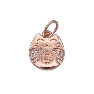 Copper Lucky Cat Pendant Pave Zircon Rose Gold, approx 9-10mm