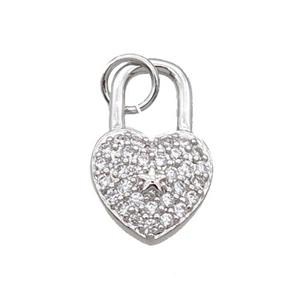 Copper Lock Pendant Pave Zircon Heart Platinum Plated, approx 10-16mm