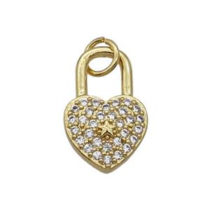 Copper Lock Pendant Pave Zircon Heart Gold Plated, approx 10-16mm