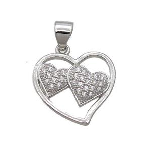 Copper Heart Pendant Pave Zircon Platinum Plated, approx 16mm