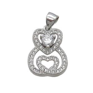 Copper Heart Pendant Pave Zircon Platinum Plated, approx 13-16mm