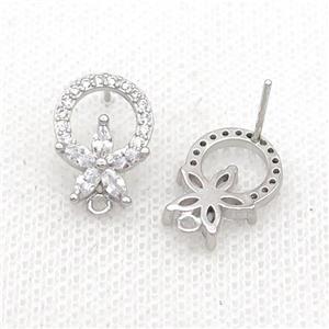 Copper Stud Earring Pave Zircon Flower Platinum Plated, approx 10-15mm