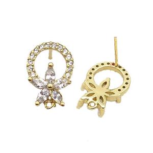 Copper Stud Earring Pave Zircon Flower Gold Plated, approx 10-15mm