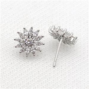 Copper Stud Earring Pave Zircon Sunflower Platinum Plated, approx 11mm