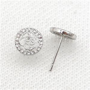 Copper Stud Earring Pave Zircon Flower Platinum Plated, approx 9mm