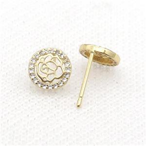 Copper Stud Earring Pave Zircon Flower Gold Plated, approx 9mm