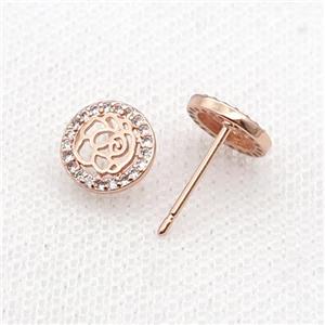 Copper Stud Earring Pave Zircon Flower Rose Gold, approx 9mm