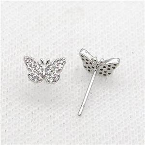 Copper Stud Earring Pave Zircon Butterfly Platinum Plated, approx 5.5-9mm