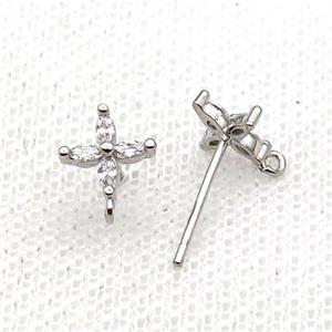 Copper Stud Earring Pave Zircon Cross Platinum Plated, approx 8mm