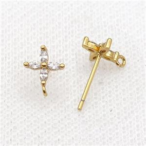 Copper Stud Earring Pave Zircon Cross Gold Plated, approx 8mm