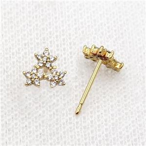 Copper Stud Earring Pave Zircon Star Gold Plated, approx 8mm