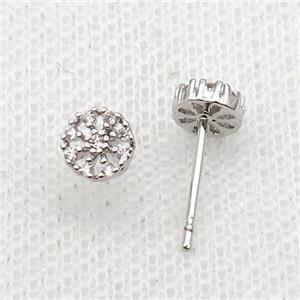Copper Stud Earring Pave Zircon Platinum Plated, approx 6mm