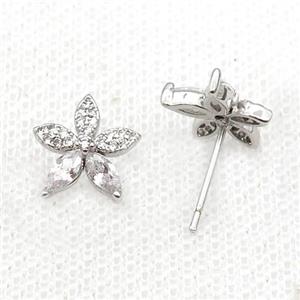 Copper Stud Earring Pave Zircon Flower Platinum Plated, approx 11mm