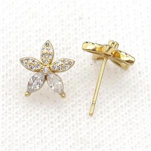 Copper Stud Earring Pave Zircon Flower Gold Plated, approx 11mm