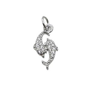 Copper Dolphin Pendant Pave Zircon Platinum Plated, approx 8-15mm