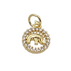 Copper Elephant Pendant Pave Zircon Circle Gold Plated, approx 9mm dia
