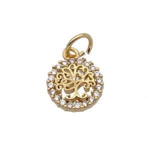 Copper Tree Pendant Pave Zircon Circle Gold Plated, approx 9mm dia
