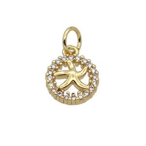 Copper Starfish Pendant Pave Zircon Circle Gold Plated, approx 9mm dia