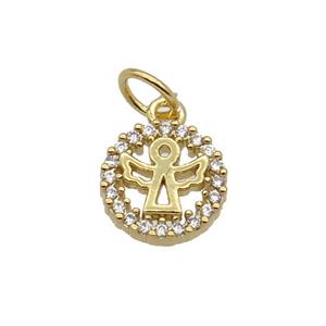 Copper Angel Pendant Pave Zircon Circle Gold Plated, approx 9mm dia