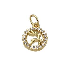 Copper Reindeer Pendant Pave Zircon Circle Gold Plated, approx 9mm dia